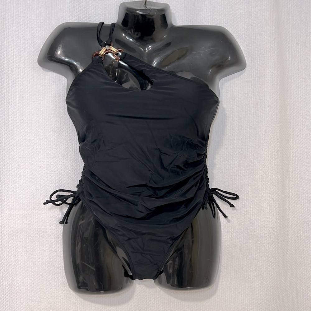 One Shoulder Cutout One Piece Ruched Bathing Suit with adjustable ties - Small